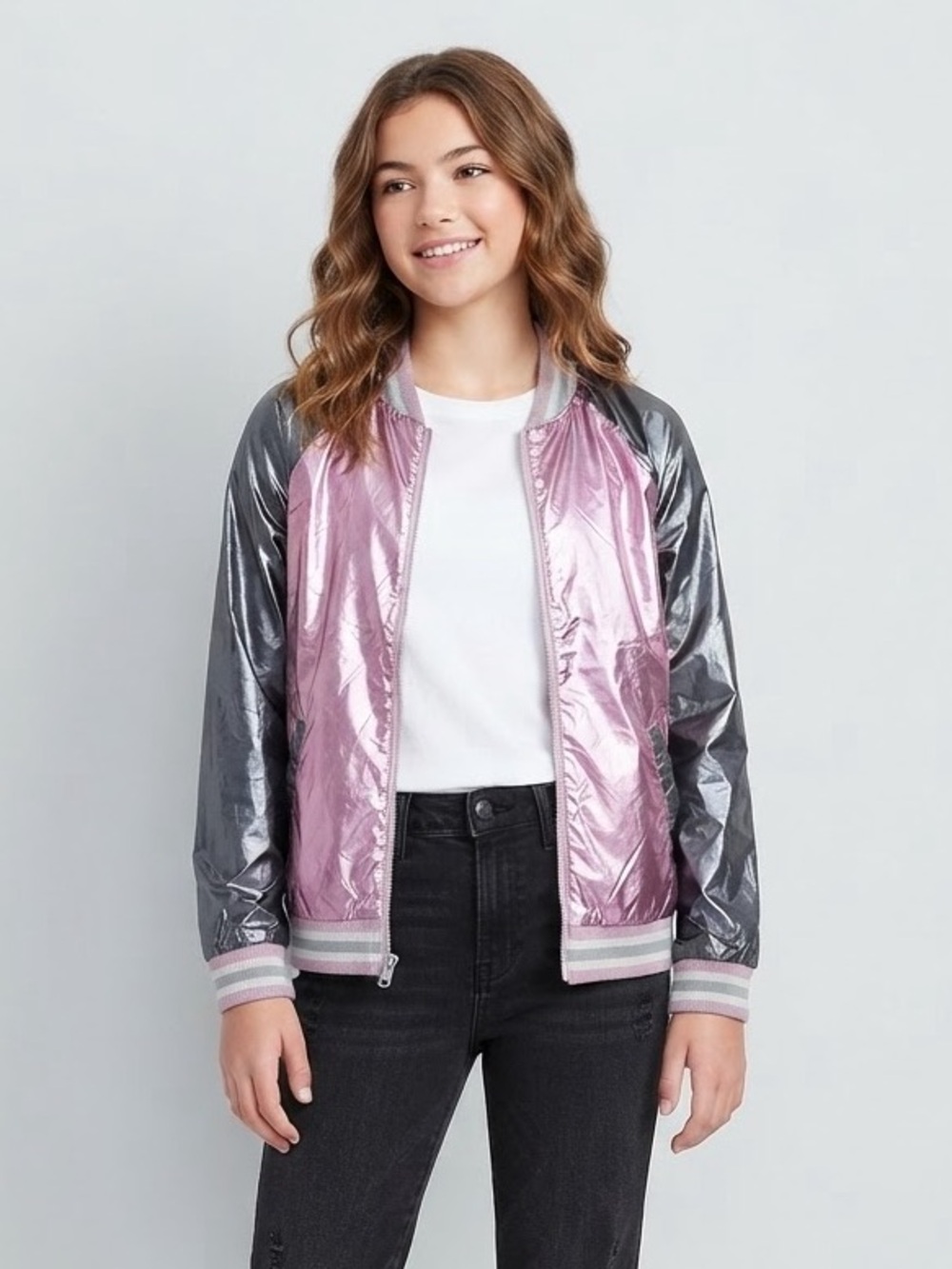 Cat & Jack Girls' Shiny Lavender Metallic Bomber Jacket with Iridescent Sleeves